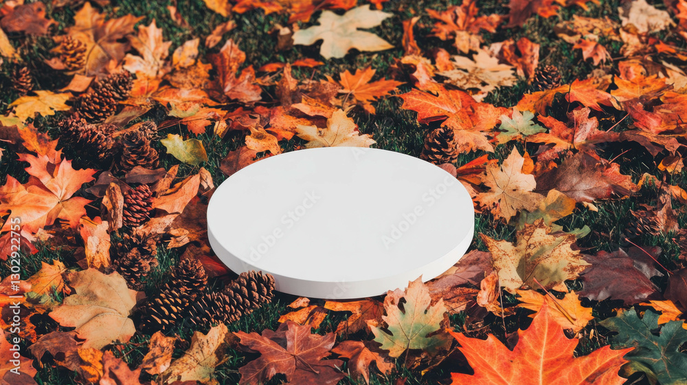 Poster autumn display with white circular podium surrounded by colorful leaves and pine cones