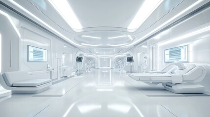 Futuristic Hospital Corridor: A Sterile, White, High-Tech Medical Facility