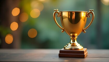 Un trofeo dorado sobre una base de madera se exhibe de manera destacada sobre un fondo borroso - obrazy, fototapety, plakaty