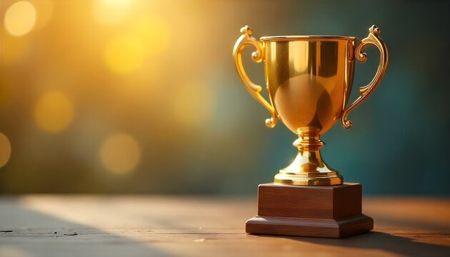 Un trofeo dorado sobre una base de madera se exhibe de manera destacada sobre un fondo borroso