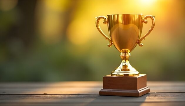 Un trofeo dorado sobre una base de madera se exhibe de manera destacada sobre un fondo borroso