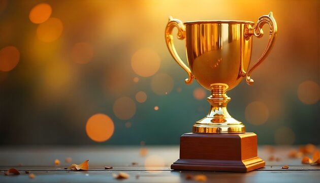 Un trofeo dorado sobre una base de madera se exhibe de manera destacada sobre un fondo borroso