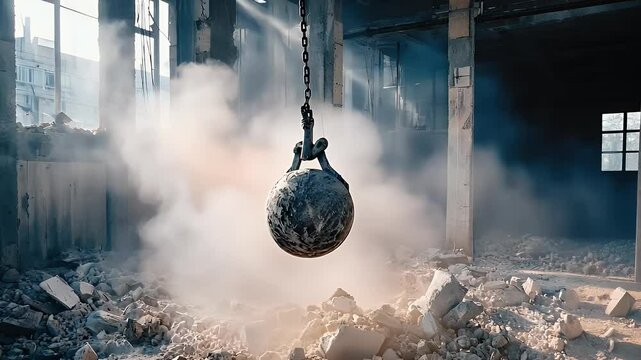 Dramatic View Of Demolition Ball Crashing Into Building Interior Creating Dust And Debris With Metal Chain And Crumbled Concrete Showing Destruction And Ruin Under Bright Sunlight