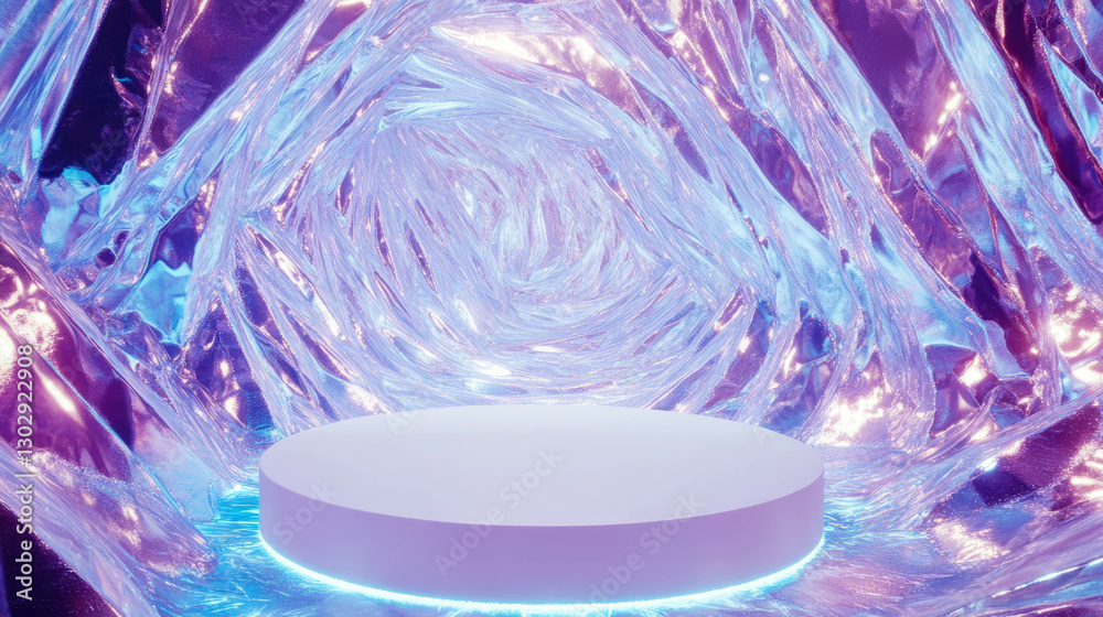 Poster futuristic white circular podium with iridescent abstract background