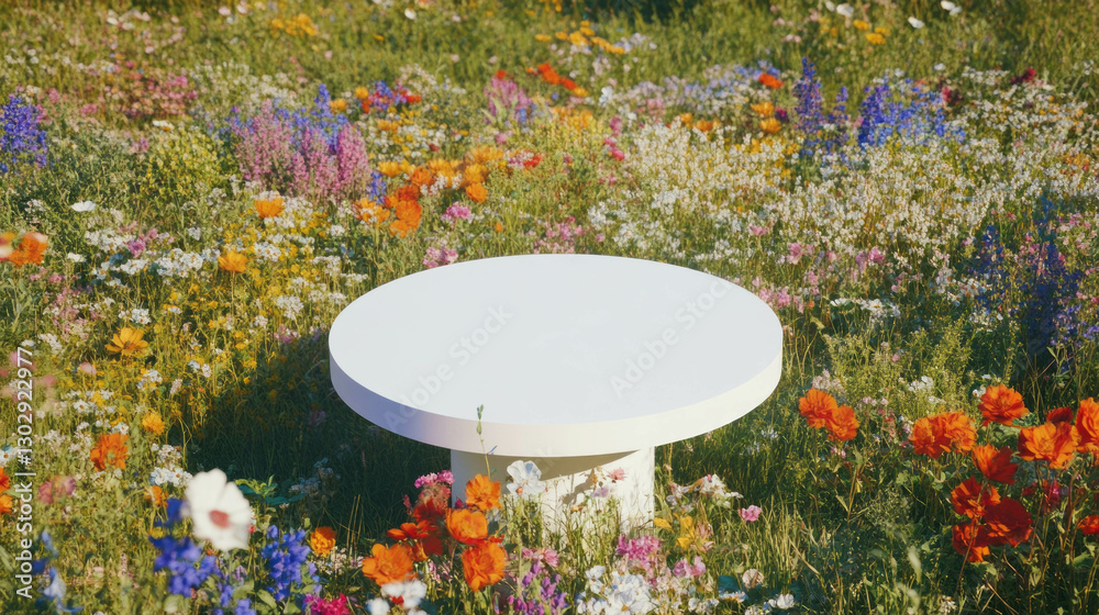 Poster Springtime circular podium in a vibrant wildflower meadow for display and presentation design