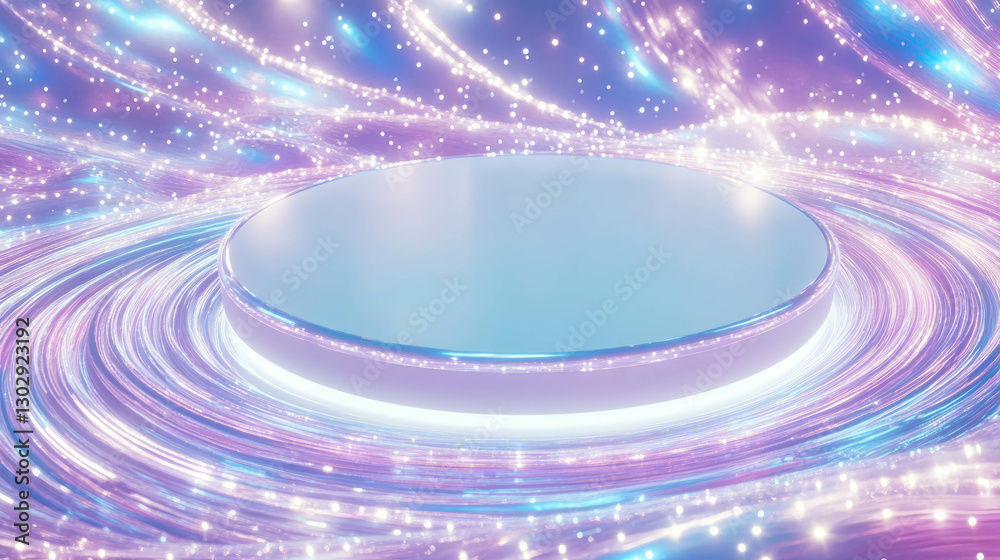 Poster futuristic white circular podium with glowing abstract surroundings for creative display
