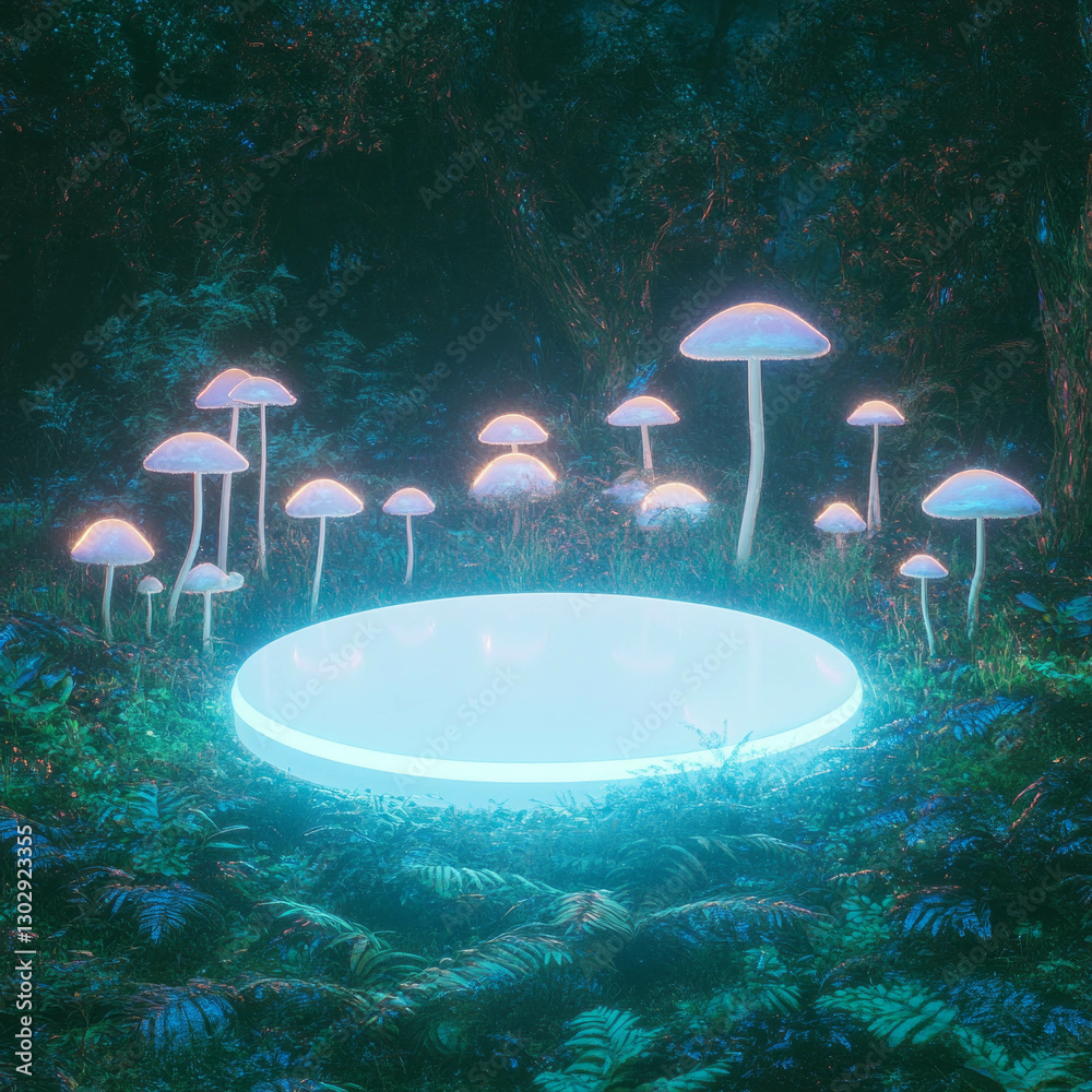 Poster mystical forest setting with illuminated circular podium and glowing mushrooms