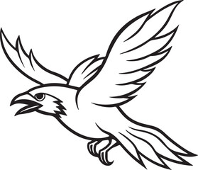 Obraz premium flying raven bird line art, black outline, vector and illustration, coloring book page line art drawing