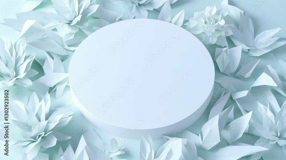 Poster minimalist white circular podium surrounded by abstract paper flowers for modern display design
