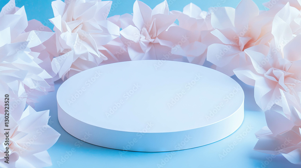 Poster minimalist white circular podium surrounded by soft paper flowers for elegant display design