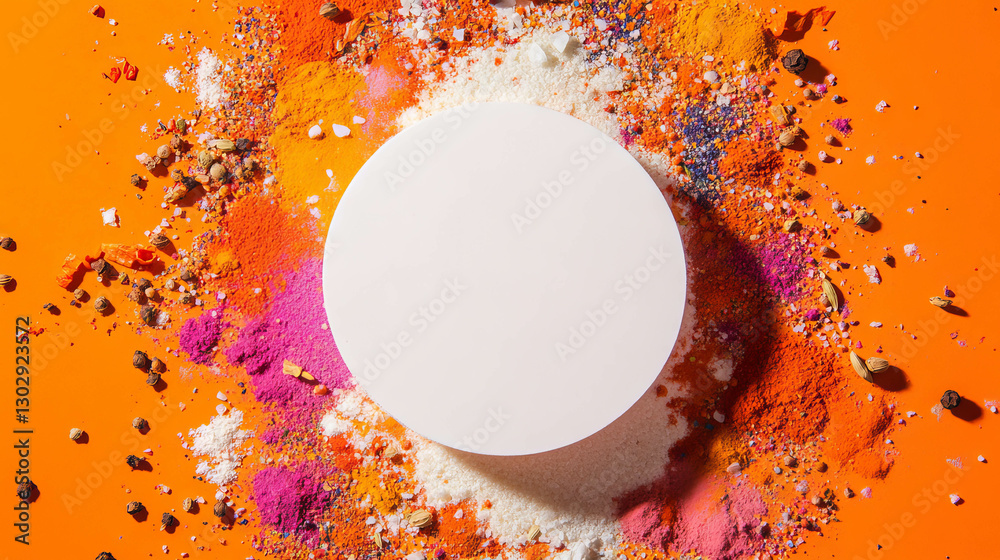 Poster vibrant color explosion with white circular podium on orange background for creative design