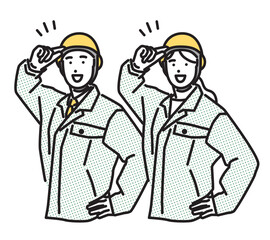 シンプル　イラスト　やる気満々で挨拶をする作業着の男女