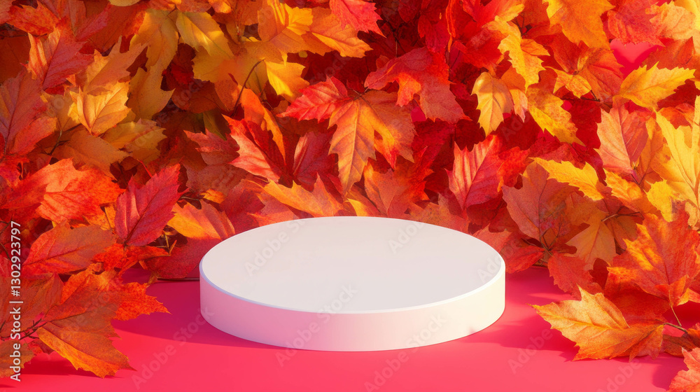 Poster Autumn leaves background with white circular podium for display and design