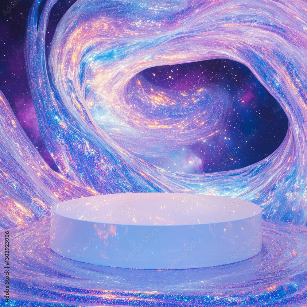 Poster Futuristic cosmic podium with celestial swirls for unique design concepts