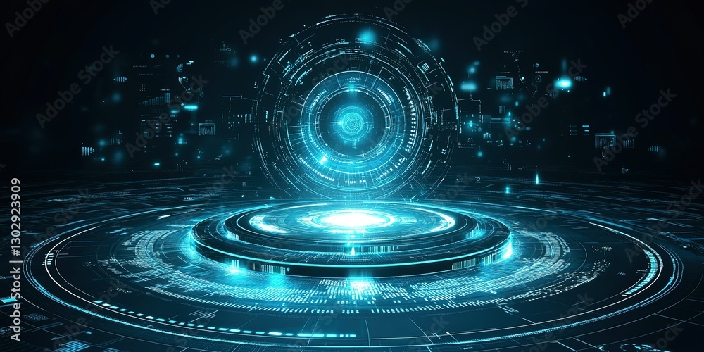 Aufkleber digital futuristic interface with glowing circles and data patterns in a dark environment