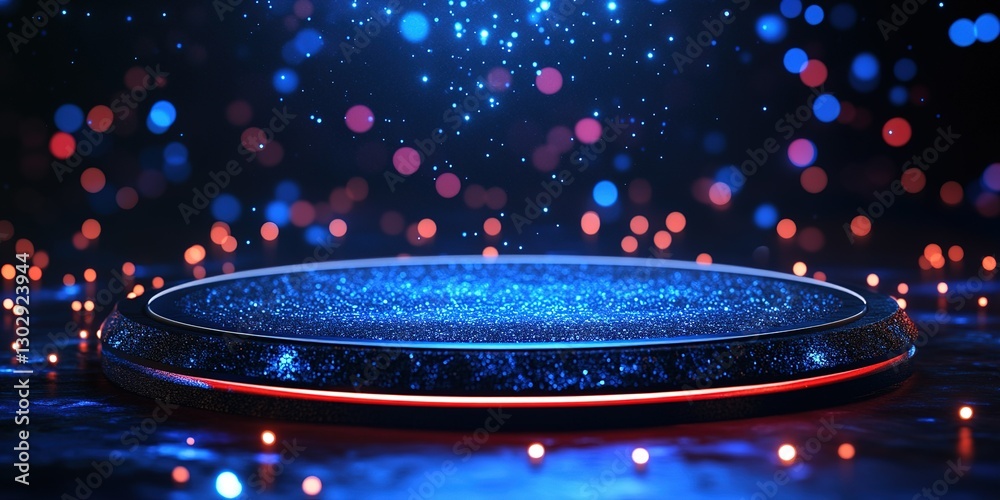 Poster sparkling blue and red circular platform illuminated by floating particles in a dark setting
