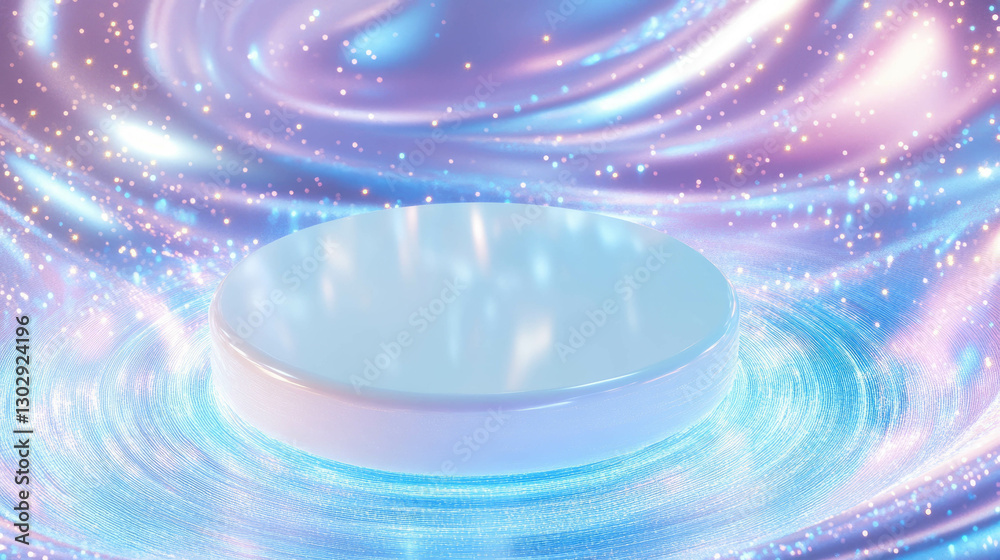 Poster ethereal white circular podium with cosmic swirling lights for display or presentation design