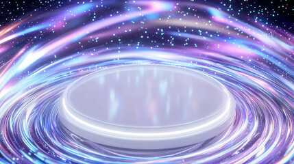 Obraz premium Futuristic white circular podium with cosmic neon light swirls