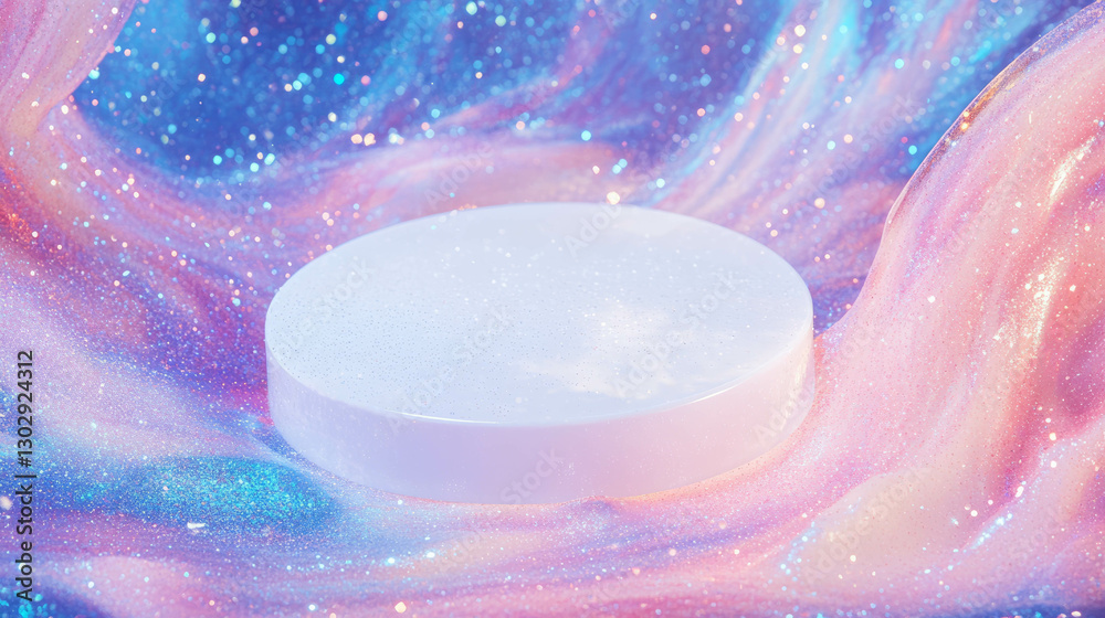 Poster abstract cosmic display with white podium and glittering background for creative design