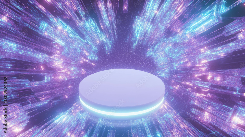 Poster futuristic abstract design with illuminated white circular podium and neon light bursts
