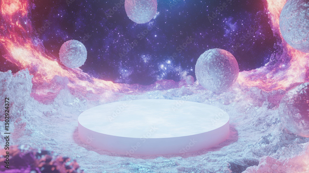 Poster Futuristic space scene with white circular podium and cosmic background for design projects