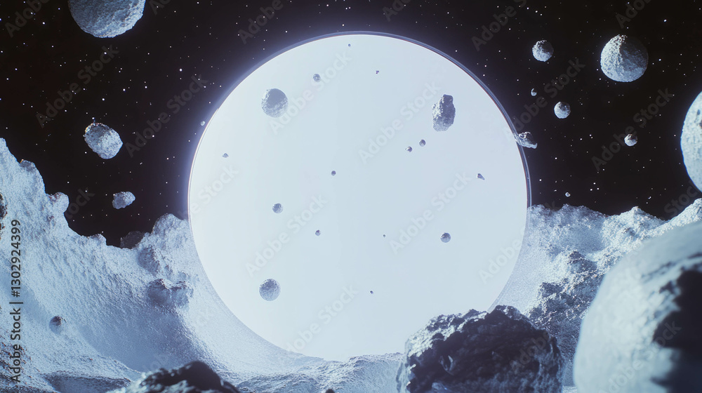 Poster cosmic scene with circular white podium surrounded by asteroids and starry sky