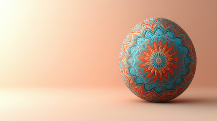 Colorful sustainable Easter egg with intricate mandala design isolated on a soft pink gradient background