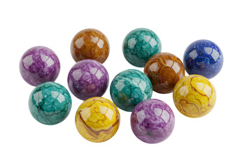 Colorful ceramic spheres in assorted hues arranged in a creative display on a white background for decorative purposes