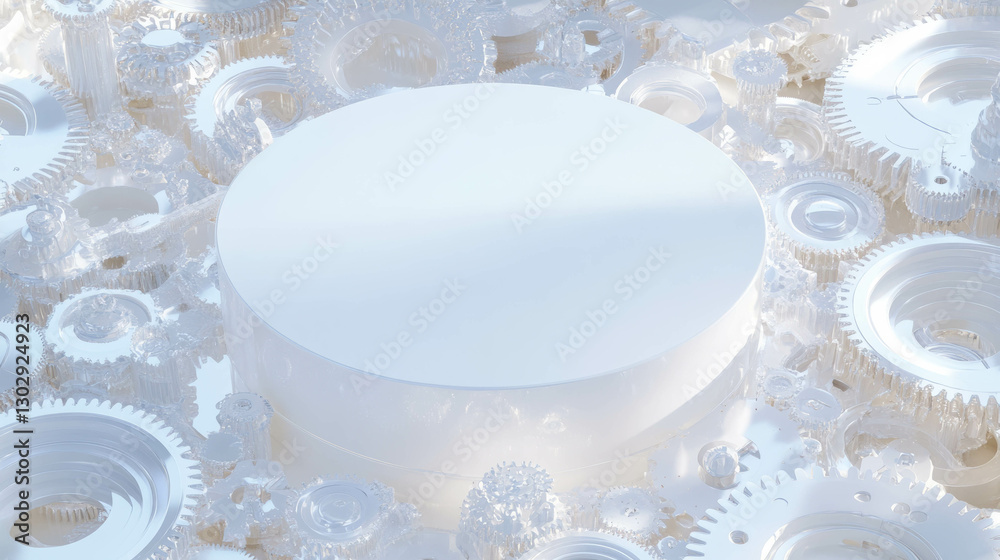 Poster minimalist white circular podium surrounded by intricate cogs and gears for industrial design