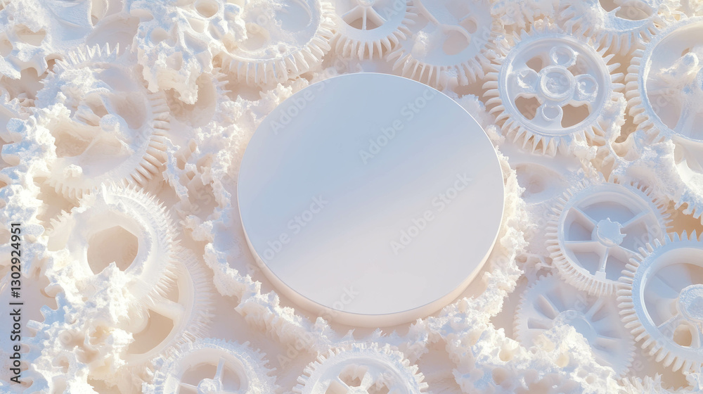 Poster minimalistic white circular podium amidst intricate gear pattern for modern design