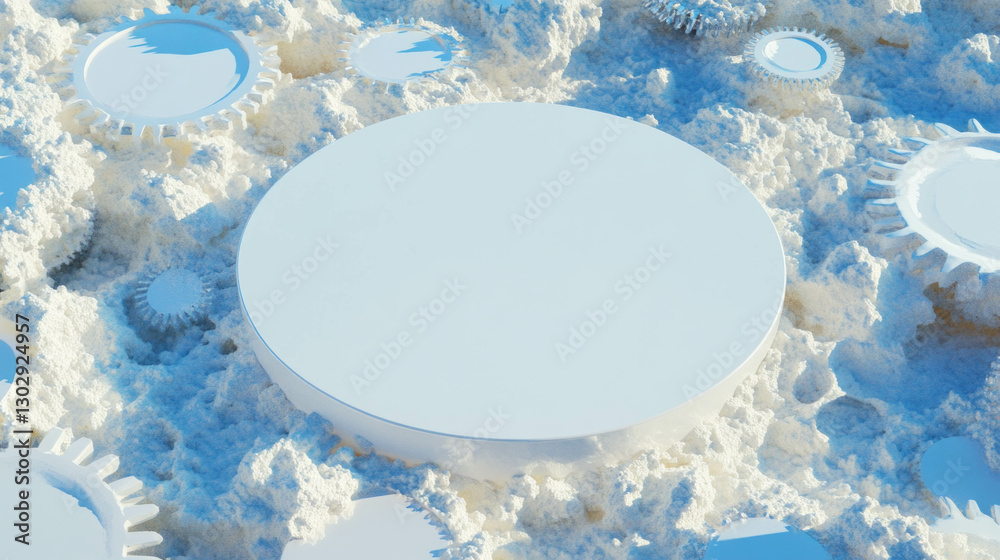 Poster abstract design with white circular podium surrounded by gears in snowy setting