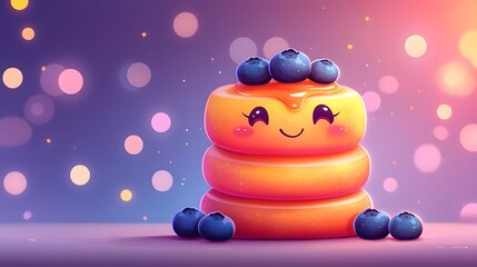 Vibrant Cartoon of Stacked Glowing Pancakes with Syrup Butter and Smiling Blueberries on White Background