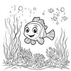 Fototapeta premium coloring book, cute happy nemo, under the sea theme with corals and seaweeds