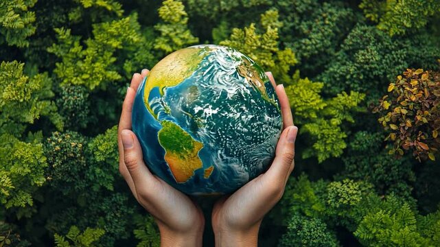 Earth in Hands: A pair of hands cradles the Earth, symbolizing global care, environmental protection, and sustainable living in front of lush foliage