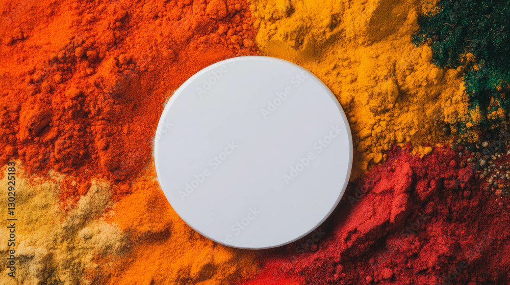 Poster white circular podium surrounded by vibrant colored powders for design projects