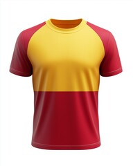 A red and yellow sports t-shirt completely plain with no marks or logos, front view, isolated on a white background