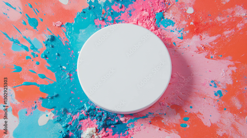Poster colorful abstract design with white circular podium on vibrant splash background