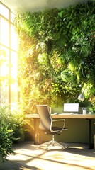 Fototapeta premium Bright, modern office with indoor plants and a steering view of nature for a productive workspace.