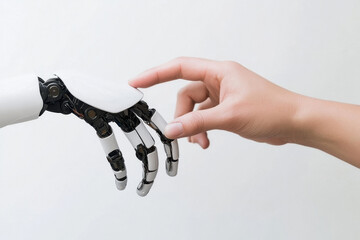 Close-up of a robot hand and human hand touching