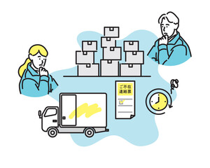 シンプル　イラスト　物流問題で悩む作業服の男女
