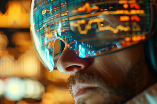 A finance professional wearing augmented reality glasses closely examines data visuals displayed in the lenses, reflecting advanced technology and professional dealing in trading and investment
