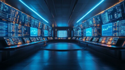 Futuristic control room with blue lighting and advanced digital interfaces.