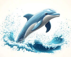 Obraz premium Playful Cartoon Dolphin Jumping Through Glowing Waves on White Background