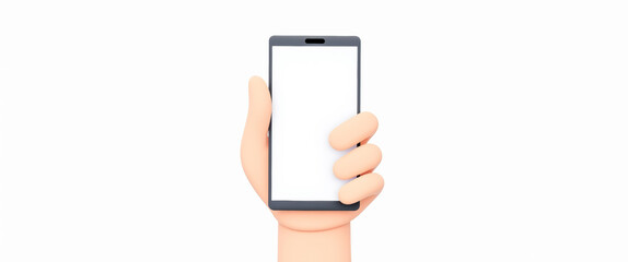 cartoon hand holds a smartphone with a blank white screen