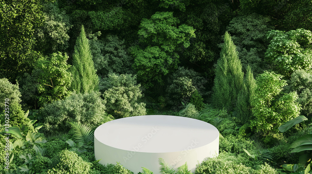 Poster nature-inspired design featuring white circular podium amidst lush greenery for event or display