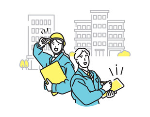 シンプル　イラスト　マンションの施工管理をする作業着の男女