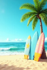 Summer Vacation Paradise Surfboards Resting Underneath a Palm Tree on a Sandy Beach