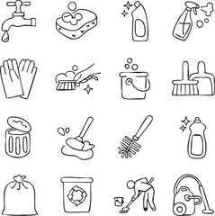 Set of cleaning icon vector line art