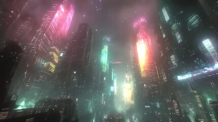 Futuristic Cityscape at Night with Glowing Skyscrapers and Dreamy Atmosphere