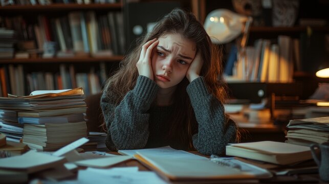 A bored and fed-up girl sitting at a cluttered desk, surrounded by books and papers, resting his head on his hand